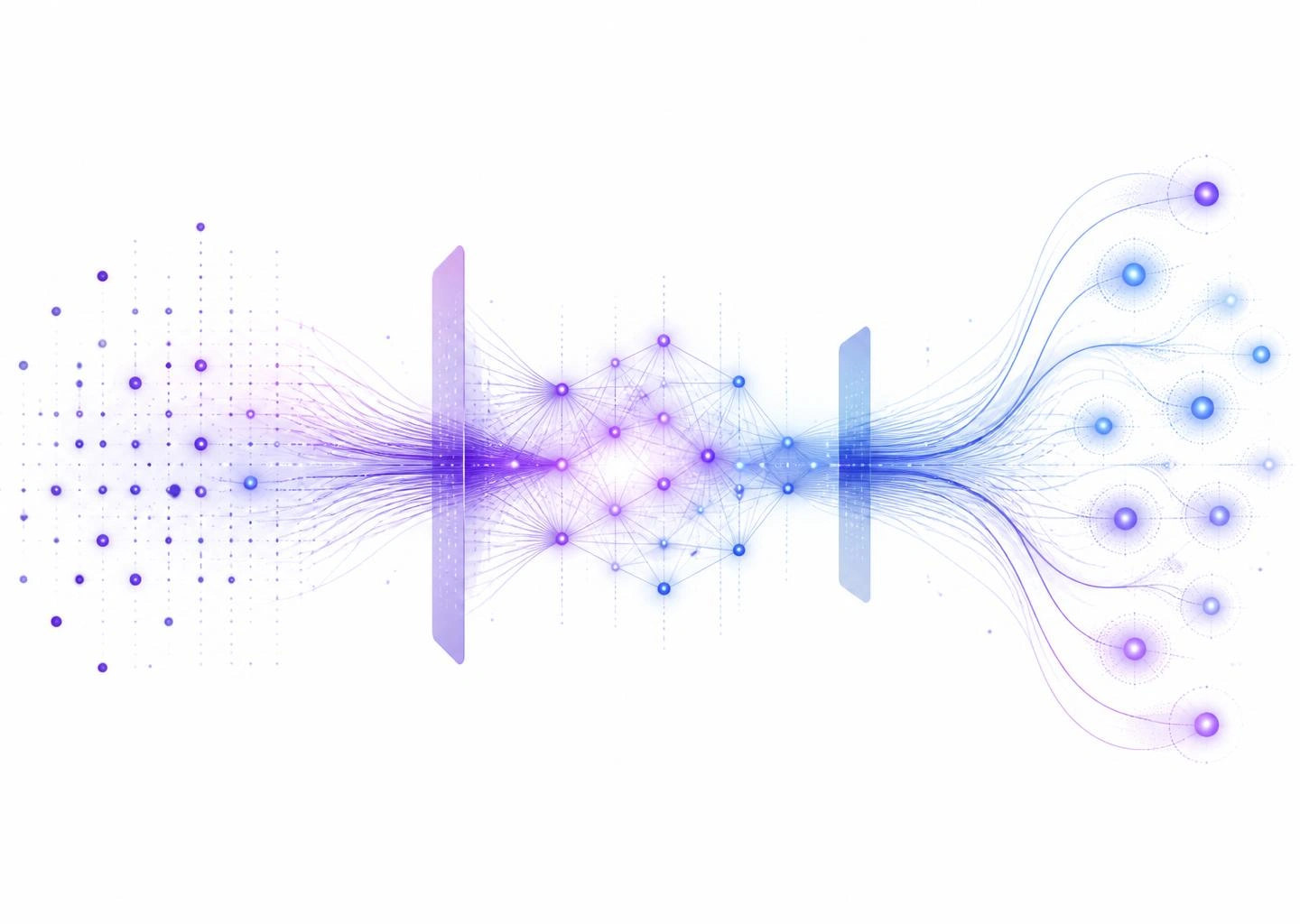 Generative AI workflow visualisation showing data flowing through model layers into outputs