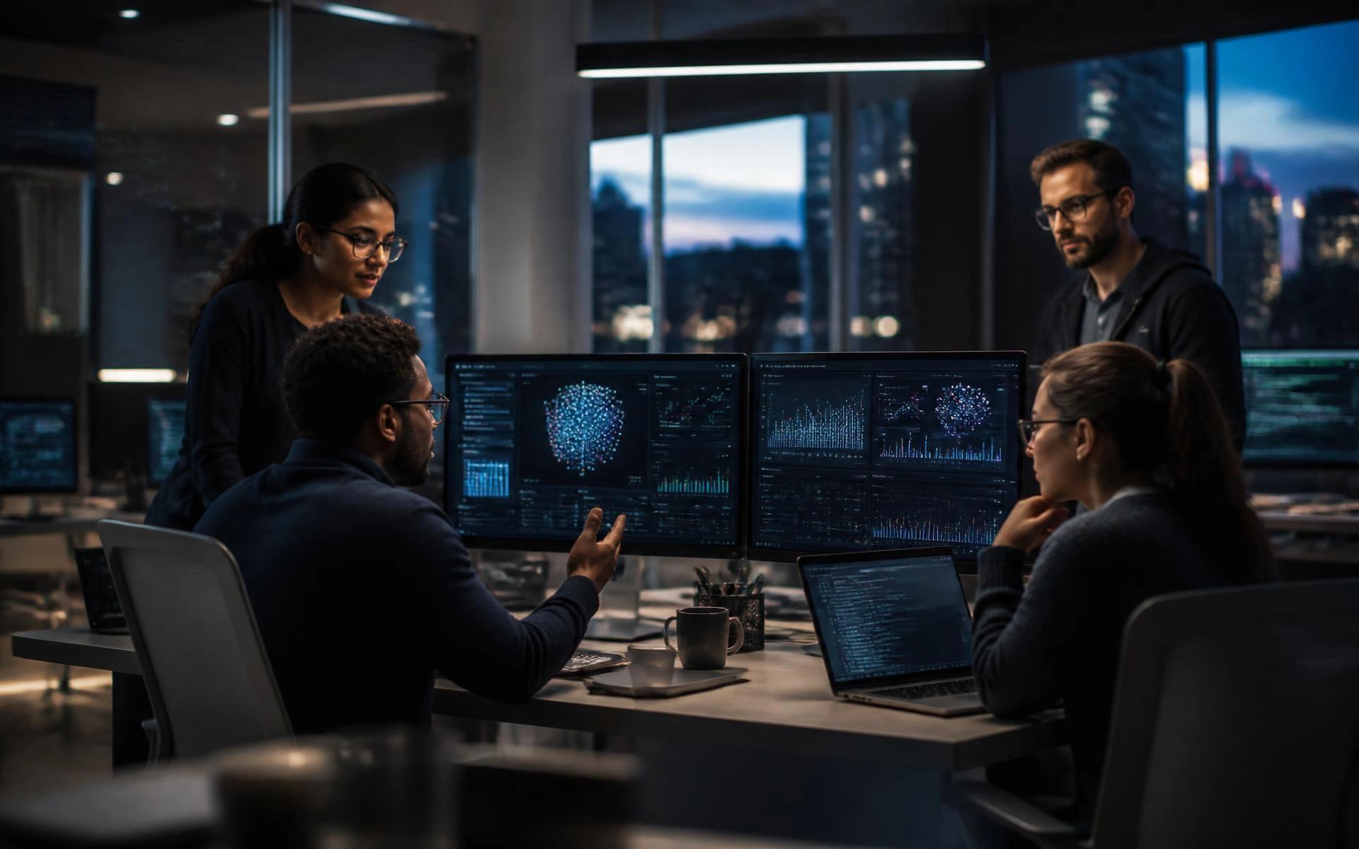 Softfix AI engineers collaborating in a modern enterprise technology office