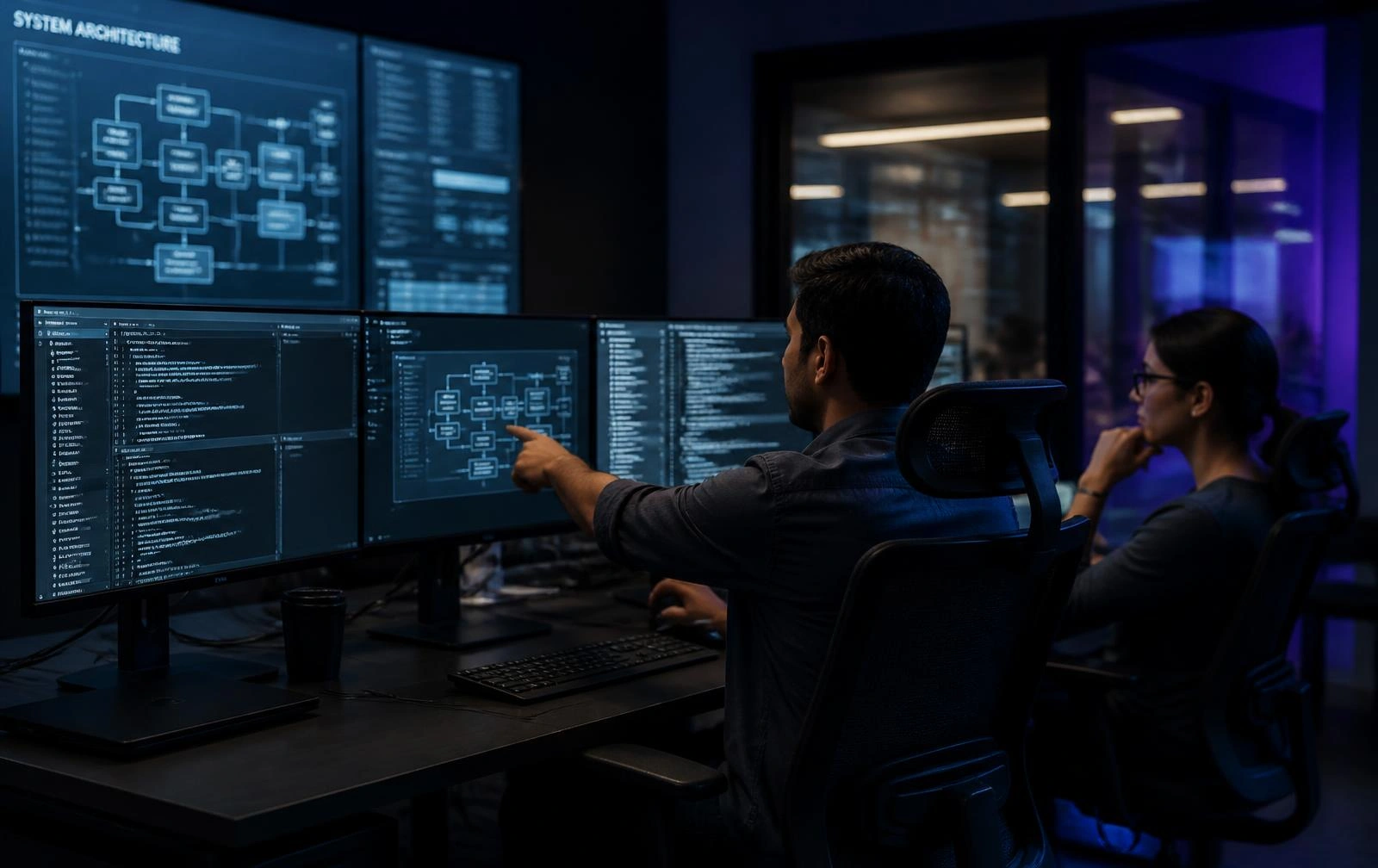 Backend engineering team reviewing server architecture on multiple monitors