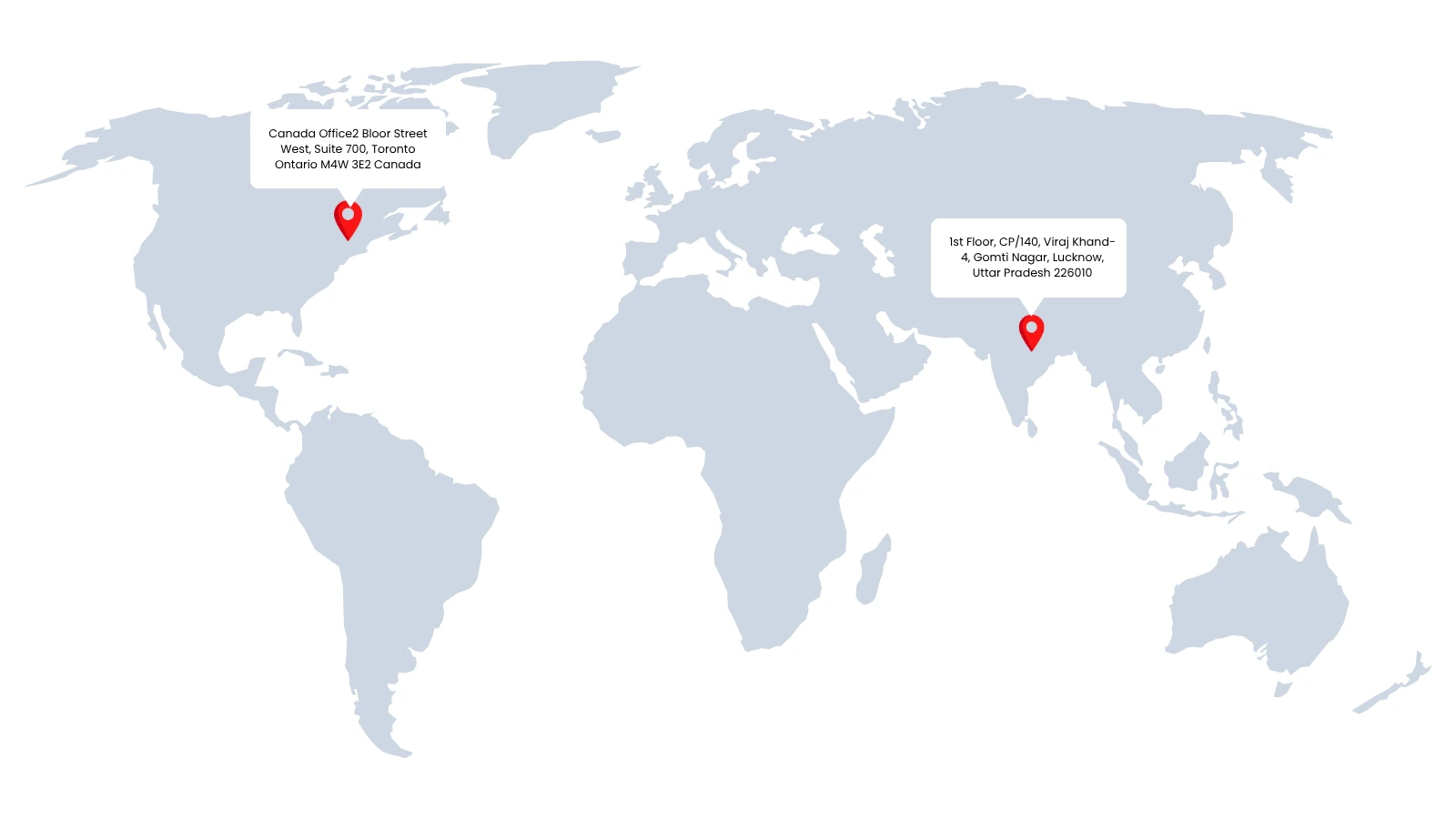 World map highlighting Softfix locations in India and Canada