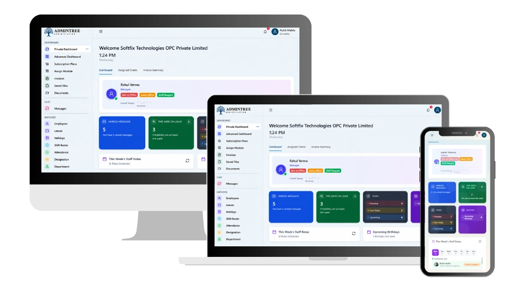 The same web application shown on desktop, tablet and mobile devices