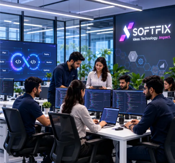 Softfix Technologies leadership team presenting cloud architecture to enterprise stakeholders