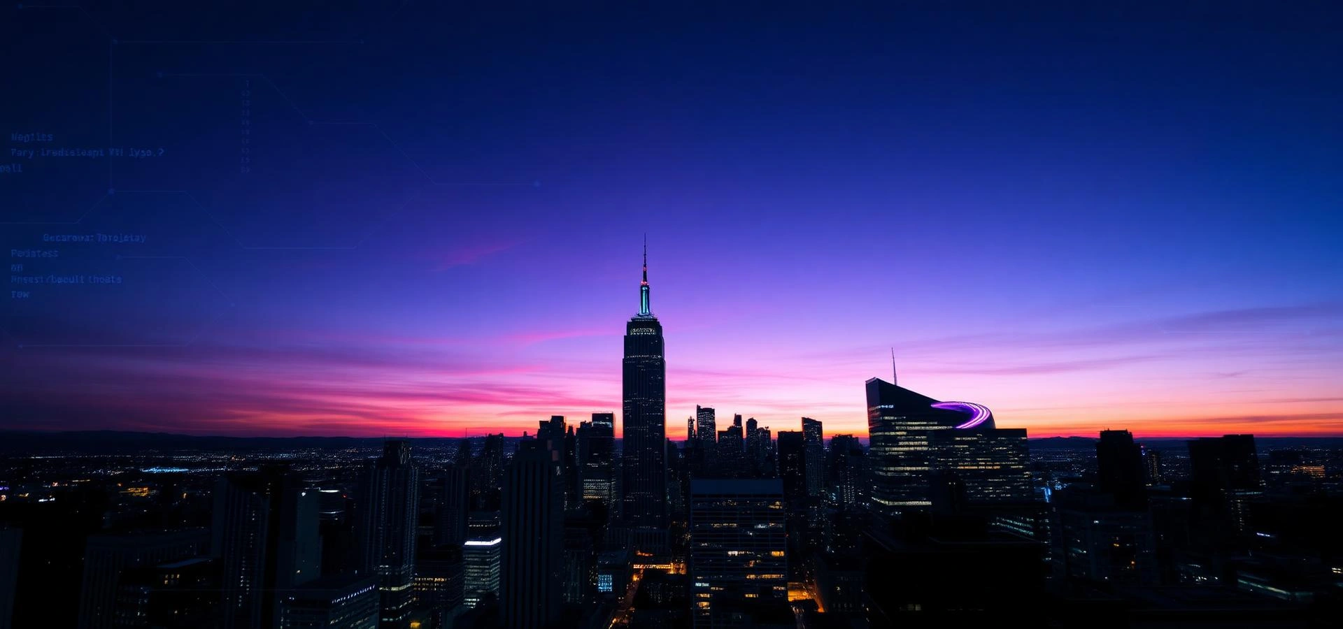 City skyline at dusk overlaid with digital data streams representing enterprise transformation