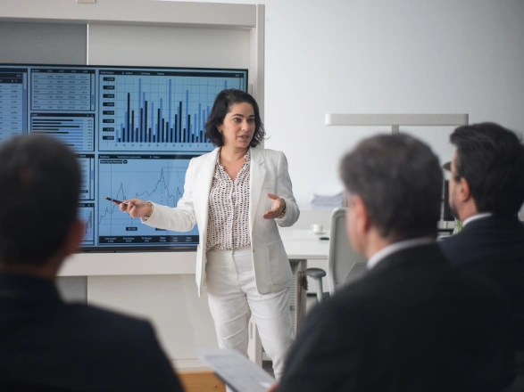 Business team discussing a digital transformation roadmap in a modern office